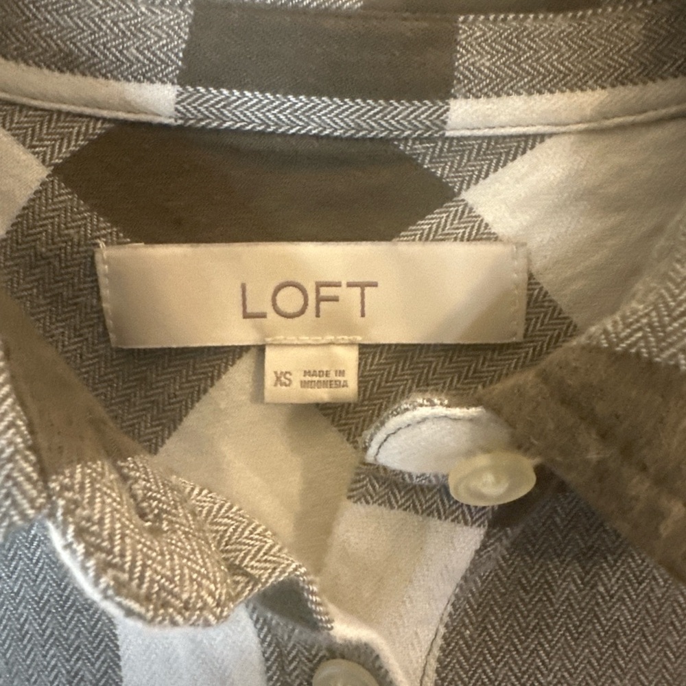 LOFT Buffalo Check Button Down Shirt XS Neutral Preppy Coastal Cotton - Picture 6 of 10